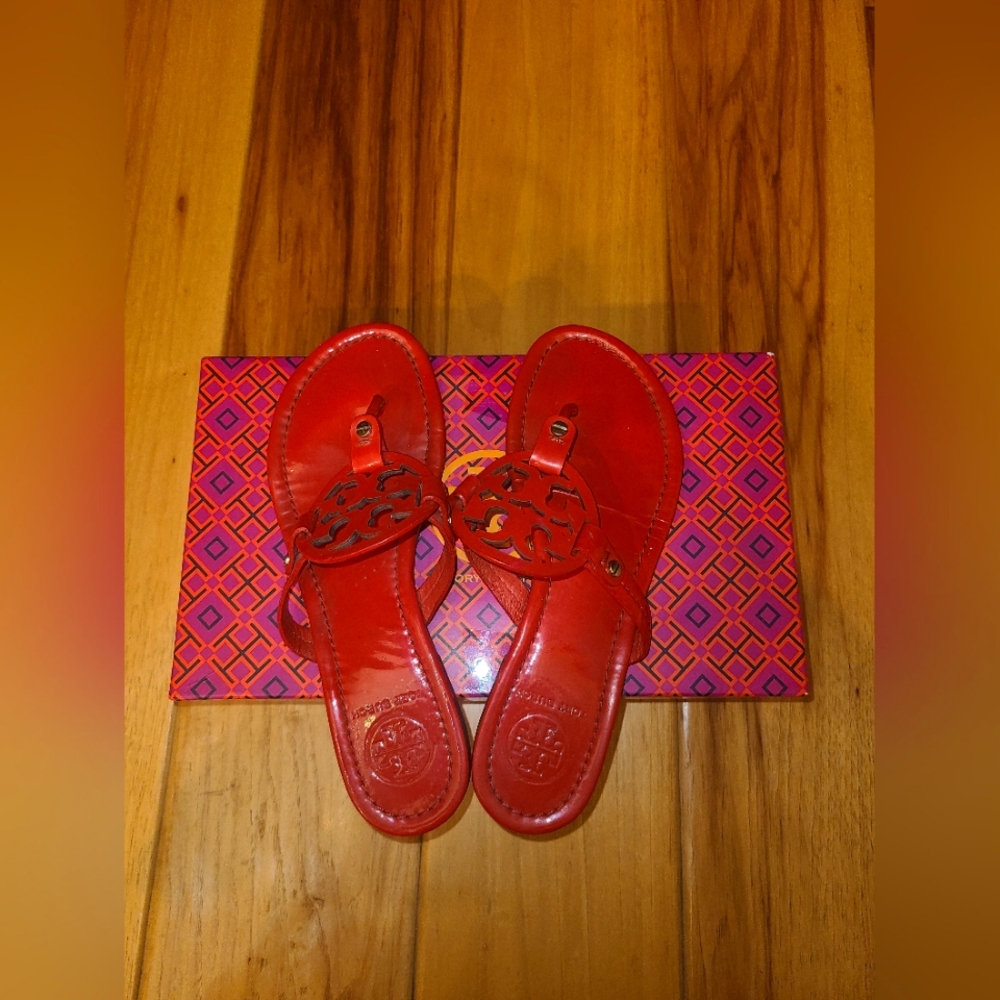 Tory Burch Designer Red Orange Miller Leather Sandals 7 - Picture 2 of 7